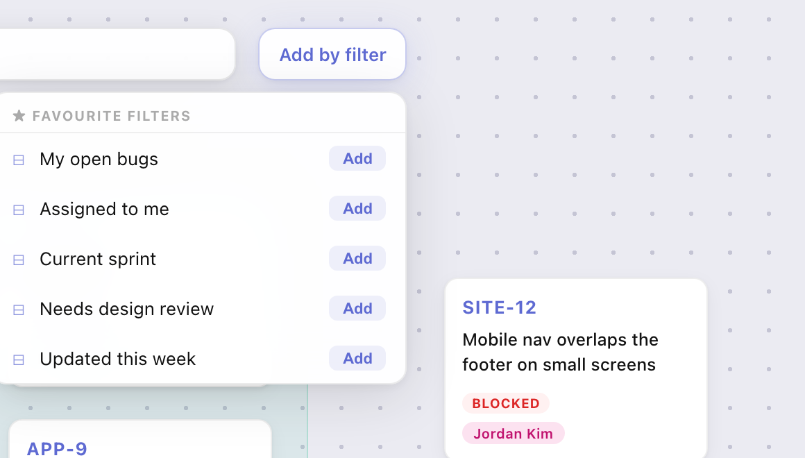 Add by filter panel showing favourite Jira filters