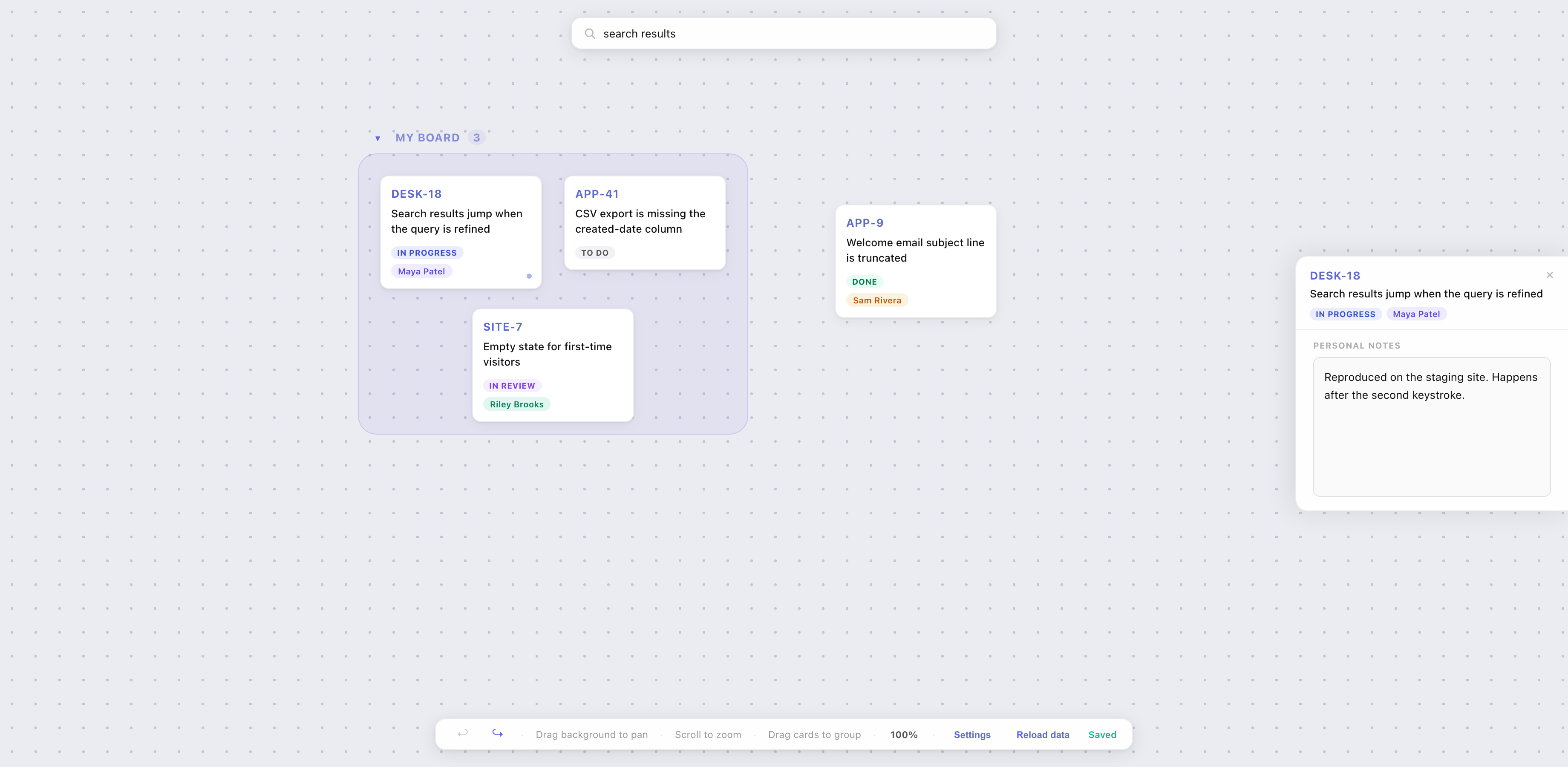 A ticket card with live Jira status and a personal note