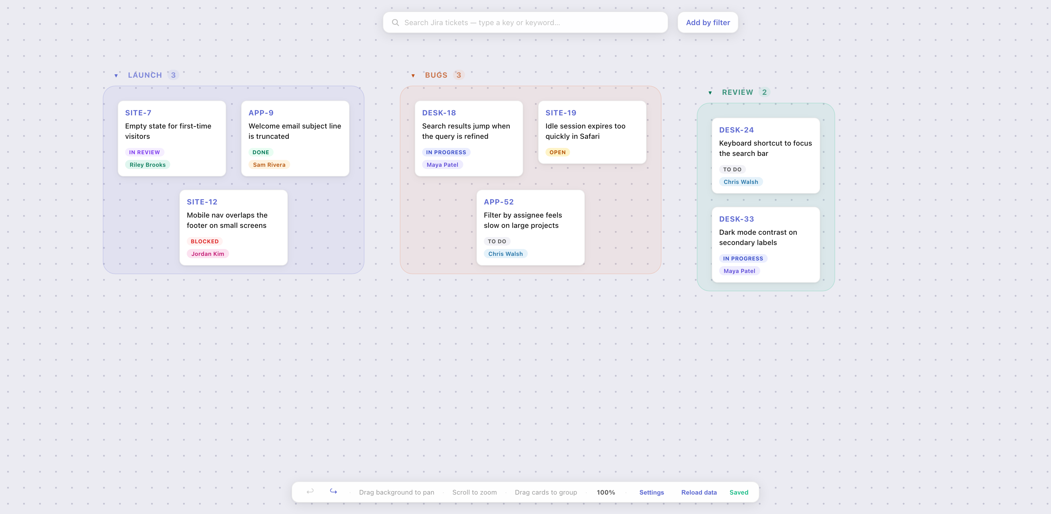 Named piles for Launch, Bugs, and Review